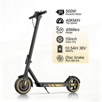 Adult Electric Scooter 500W Motor 45Mi Range 10" Solid Tyres Puncture-Proof 120KG Load Capacity 40km/H Speed Folding Design Black
