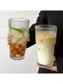 1 Set Of Striped Glass Cup With Straw And Lid, High-Quality Premium 600ml Coffee And Juice Cup, Suitable For Home, Office, Beach, Parties, Multipurpose Beverage Container For Coffee, Tea, Milk