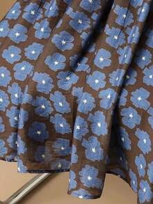 女士波西米亚风印花褶裥腰部中长喇叭裙，休闲优雅 - 棕色 - 查看 3