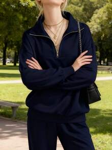 Ladies' New Autumn And Winter Half-Zip Stand-Up Collar Drop Shoulder Sweatshirt With Drawstring Waist Sweatpants Casual Suit - 藍色 - 查看 3