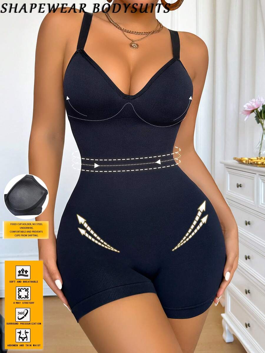 1pc Sexy V-Neck Fixed Cup High Elasticity Knit Fabric Women Ribbed Lifting Shaping Bodysuit With Panty - Black - View 1