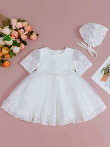 0-2岁婴儿白色洗礼服、蕾丝洗礼服、薄纱裙 - 白色 - 查看 8