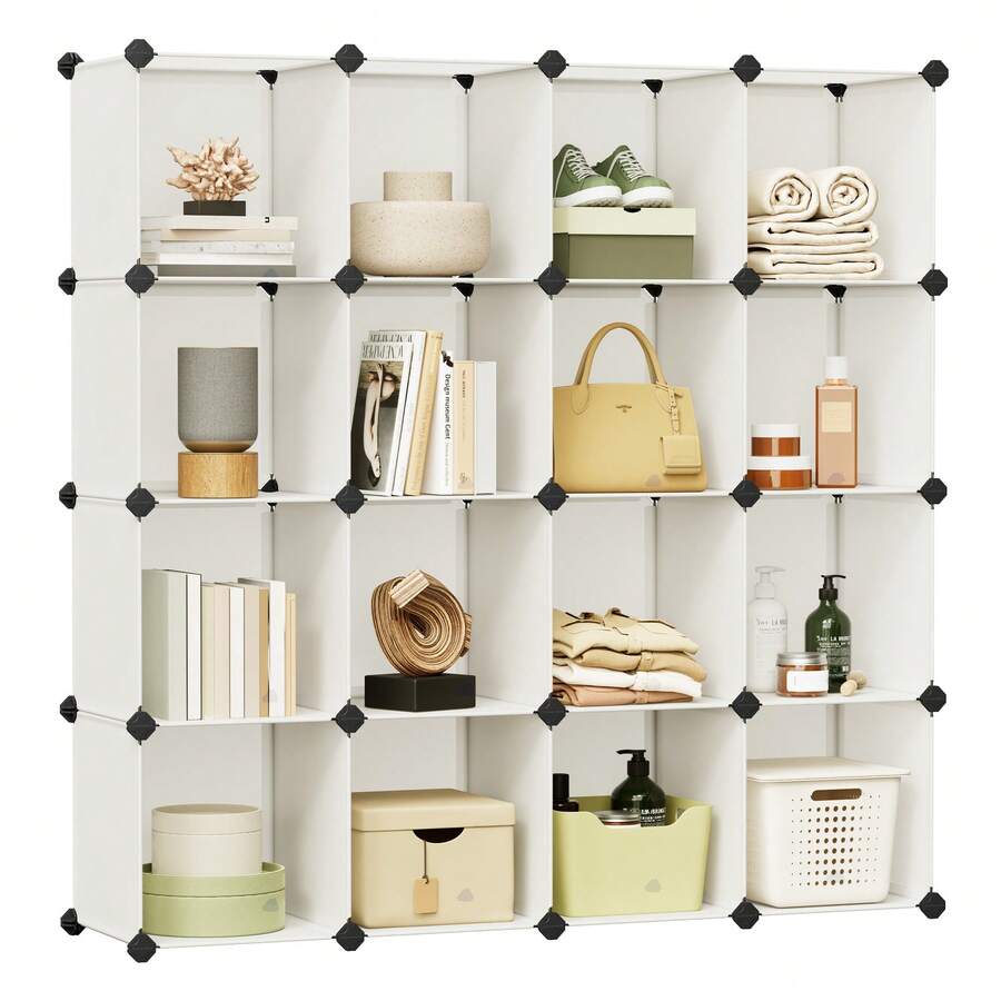 Meuble Rangement 16 Cubes, Organisateur Modulable, Étagère en Plastique, Séparateur de Placard, Rangement Chaussures, pour Chambre, Bureau, 31 x 153 x 153 cm, Blanc Crème - Blanc - Voir 1