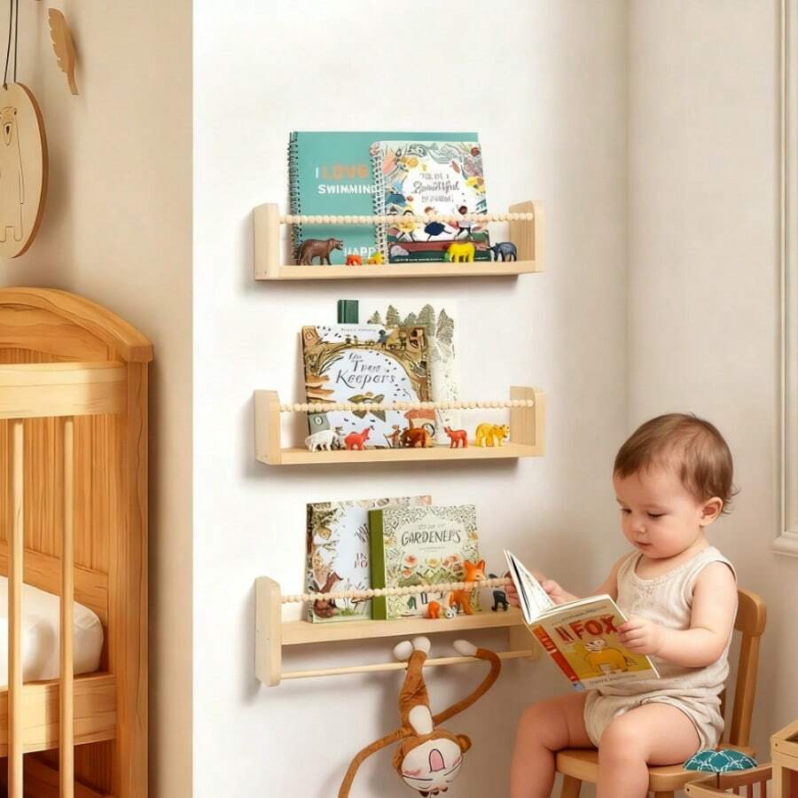 3pcs, Baby Wooden Three-Layer Wall Mounted Storage Rack, Children's Picture Book And Doll Display Rack, Suitable For Decorating Children's Rooms, As Well As Bedrooms And Kitchens - Shelves - View 1