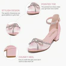 1 Pair Girls Sandals Closed Toe High Heels Pointed Toe Ankle Strap Pumps Flower Girl Dressy Shoes In Wedding Party Cute Bowknot Chunky Block Heeled For Little Big Kids - 緞子粉 - 查看 5