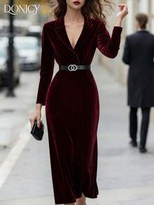 DONICY 女士纯色丝绒领带连衣裙，修身腰身，复古优雅简约红色连衣裙，适合出席宾客、婚礼、派对、情人节晚宴、新年等正式场合。 - 紅色 - 查看 5