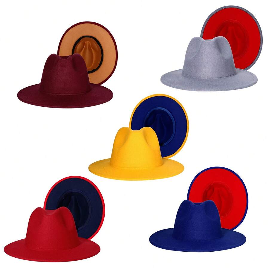 JEWELRYWE Wide Brim Fedora Hat For Men Women, Classic Felt Panama Hat, Two-Tone Bowler Hat, Jazz Hat, Teardrop-Shaped Hat Unisex, With Adjustable Strap, Thanksgiving And Christmas Gifts - Burgundy - View 1