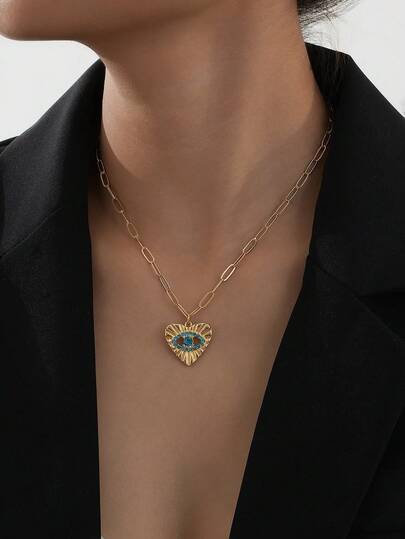 1pc Vintage Metal Rhinestone Blue Eye Heart Pendant Necklace For Women