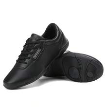 女士黑色健身健美操鞋，运动PU皮革运动鞋