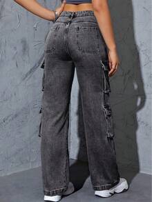 Women's High Waist Gray Cargo Jeans, Vintage Wide Leg Denim Pants Y2K Streetwear - 深灰色 - 查看 3