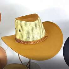 Sombrero de ala ancha estilo occidental con correa ajustable para la barbilla, elegante gorra de vaquera decorada con cinturón de rafia tejida para hombres y mujeres. - Caqui - Ver 2