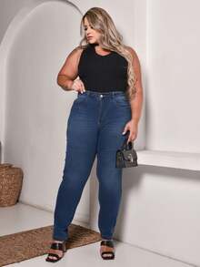 Women's Plus Size Straight Leg Jeans, Comfortable, High Waist, Basic Casual Style - Medium Wash - View 5