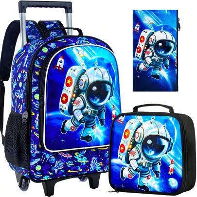 3 Stücke Auto-Rollen Schulranzen für Jungen, Kinder Schulrucksack mit Rollen, UV bedruckter Rollen-Schulranzen-Set mit Lunchbox