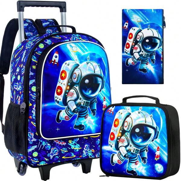 3 Stücke Rollen-Schulranzen für Jungen, Kinder Schulrucksack mit Rollen, UV bedruckter Rollen-Schulranzen-Set mit Lunchbox