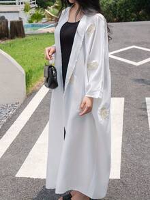 Abaya bordada estilo de Oriente Medio, tela de lino blanco para mujeres - Blanco - Ver 2