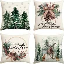 4 buah Sarung Bantal Pohon Natal, Rusa Kutub, Kepingan Salju, Sarung Bantal Sofa Dekoratif Musim Dingin Bertema Buah Berry Merah Natal, Satu Sisi Tanpa Isian Bantal - Hijau - View 14