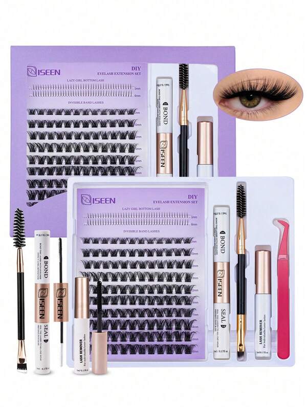 200 pièces, Kit d'extension de cils DIY, cils individuels en grappe, courbure D, grappes de cils avec colle, démaquillant et scellant pour cils, et pinceau applicateur pour une application à domicile