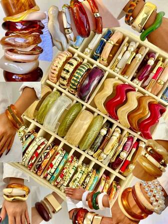 Set de 10-1 pieza Pulsera vintage elegante y creativa de alta gama con nudo de bambú transparente impreso, perla falsa y resina acrílica, personalizada, minimalista, fresca, dulce, lujosa y elegante, adecuada para mujeres y hombres, regalo versátil para fiestas, citas y uso diario en otoño/invierno