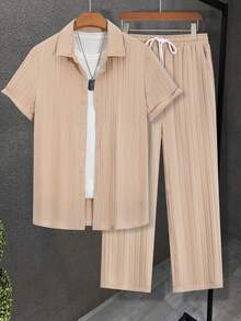 Men's Casual Summer Suit, Simple And Solid Men's Shirt Suit, Casual Short-Sleeved Shirt With Striped Buttons And Elastic Waist Trousers, Suitable For Vacation, Casual Wear, Daily Wear, Suitable As A Gift For Family, Boyfriend, Husband. - 米色 - 查看 2
