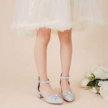 1 Pair Girls Sandals Closed Toe High Heels Pointed Toe Ankle Strap Pumps Flower Girl Dressy Shoes In Wedding Party Cute Bowknot Chunky Block Heeled For Little Big Kids - 細粉銀 - 查看 8