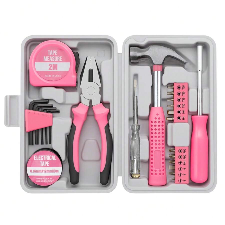 Mini Tool Set For Home Use – 24pc Compact DIY Toolkit With Hammer, Wrench, Hex Keys & Measuring Tape In Travel-Friendly Case – Perfect Gift For Women Who Love Crafts & Repairs - Pink - View 1