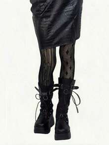 Pure Desire Sexy Style Anti-Snag Non-Slip Lace Vertical Striped Gothic Pattern Striped Pantyhose Women's Retro Punk Sexy Plaid Patchwork Thin Fishnet Stockings - 黑色 - 查看 4