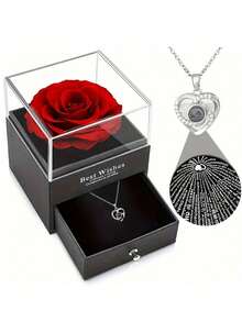 1件套人造玫瑰礼盒及项链套装，100种语言“我爱你”项链及永生玫瑰花礼品，适合母亲节、情人节、周年纪念日、生日等场合，送给女士、母亲、妻子和女友。