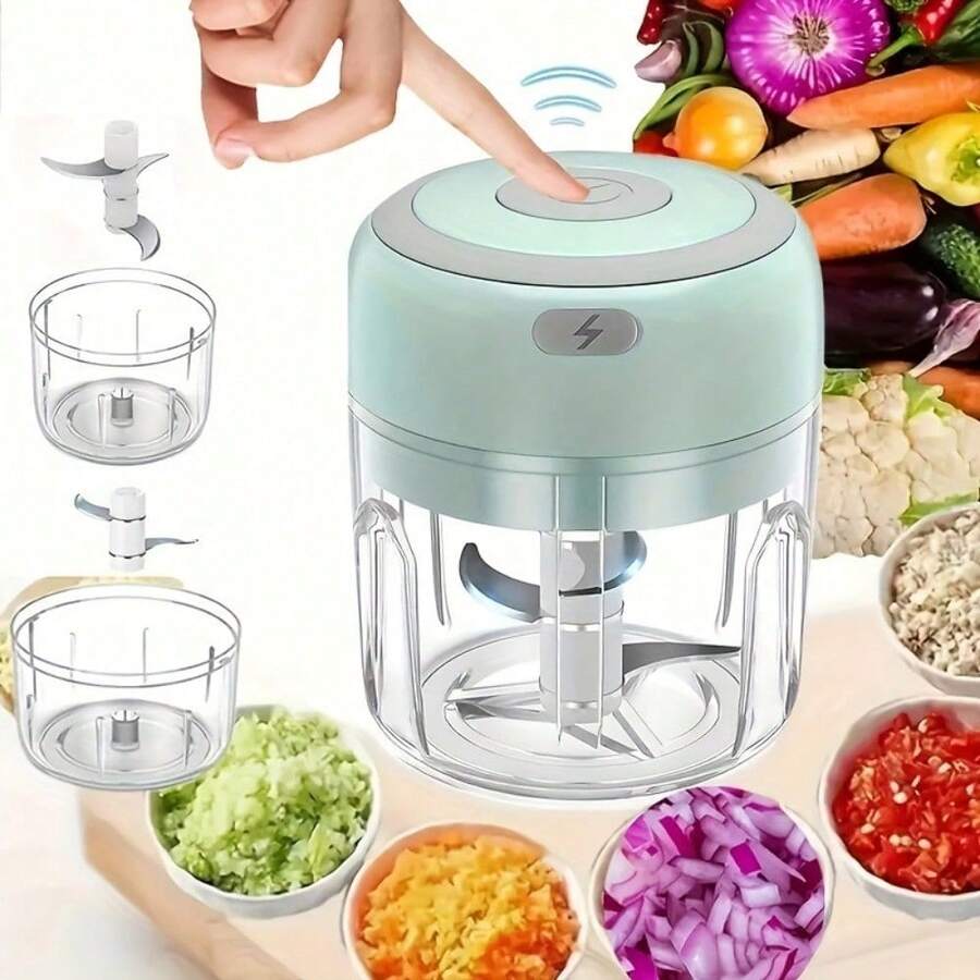 250ml Mini Wireless Electric Garlic Masher, Stainless Steel Garlic Press, Mini Garlic Chopper Meat Grinder Crusher Garlic Blender - Easy To Use Kitchen Tool, Garlic Beater, Puller, Press, Household, USB Recharge - Green - View 1
