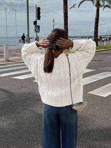 Suéter de cuello redondo oversize de punto de cable con mangas farol, suéter casual de unicolor grueso y cálido de moda de manga larga elegante y suave para mujer en otoño/invierno