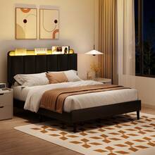 LED Bed Frame With Storage Headboard, Queen Bed Frame With Bookcase Headboard, PU Leather Upholstered Furniture, No Box Spring Needed, Easy Assembly, Christmas Gifts, Bedroom Deccor, Twin/ Full/ Queen, Black/ White (USB LED Strip) - 黑色 - 查看 10
