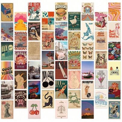 50pcs Vintage Retro Cartoon Poster Set, Creative Design, Matte Finish With English Text, Office Daily Decor, Room Desktop Personalized Decoration