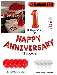 58件套周年纪念装饰气球套装，周年快乐横幅，32英寸红色数字气球，红色心形气球，情人节装饰气球，周年纪念、结婚、求婚派对、生日庆祝、新年室内装饰、房间装饰 - 彩色 - 查看 11