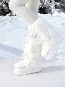 Faux Fur Boots For Women Winter Snow Boots Platform Lace Up Round Toe Boots Warm Snow Shoes Fluffy Winter Boots - 白色 - 查看 1