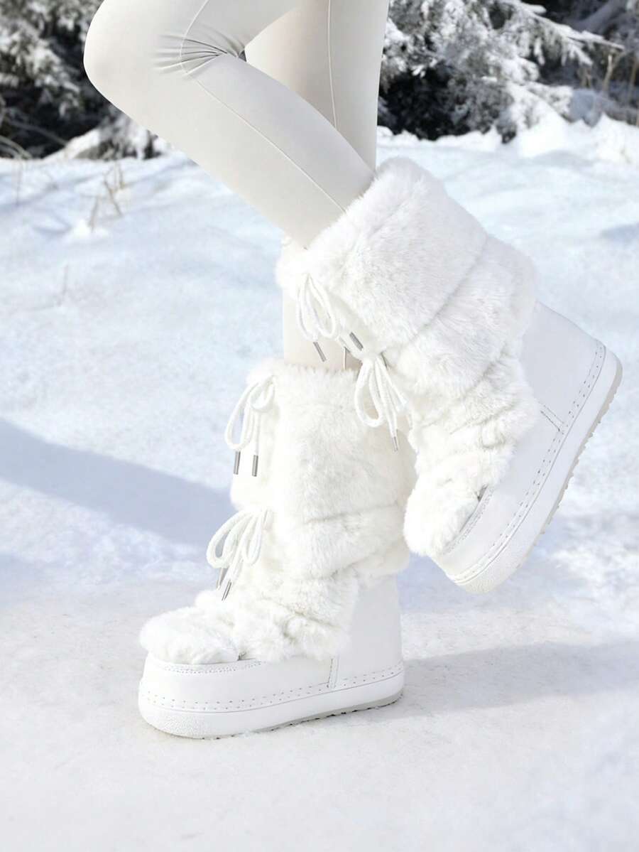 Faux Fur Boots For Women Winter Snow Boots Platform Lace Up Round Toe Boots Warm Snow Shoes Fluffy Winter Boots - 白色 - 查看 1