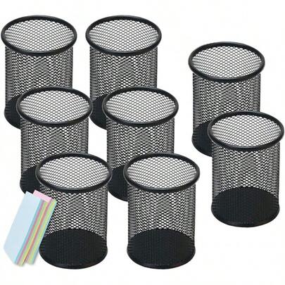 Qualsen 4 Pack Pencil Cups, Black Wire Mesh Pen Holder Desk With Sticky Notes, Round Metal Pen Cup Desk Organizer Office, School, Crayons, And Stationery Supplies