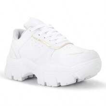 Women's Platform Sneakers, Casual White, Comfortable And Stylish, University Style, Chunky Sole, High Top, Gold Detail - 4.02-Bco/Vàng - Xem 5