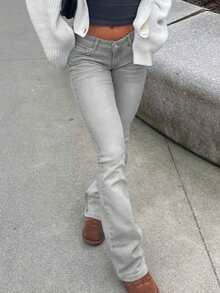 PETITE Low Rise School Outfits Y2k Flare Leg Jeans - Light Grey - View 3
