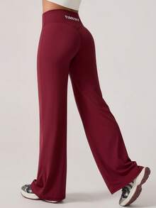 TimeOff 1件装女士极简V领提臀直筒阔腿字母印花弹力腰运动裤 - 酒紅色 - 查看 6