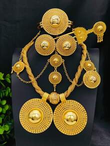 1pc Necklace, 1 Pair Earrings, 1pc Bracelet, 1pc Ring, 1pc Hair Clip, 1pc Headchain, Flower Shaped Alloy Middle Eastern Dubai Style Jewelry Set, Suitable For , Saudi Arabian, Wedding And Party, 6pcs Gold-Tone Jewelry Set