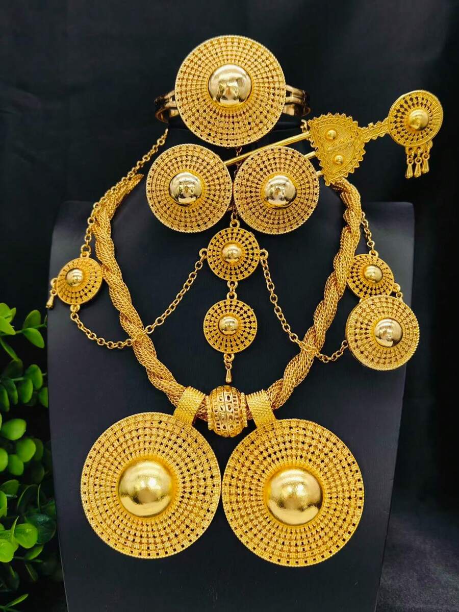 1pc Necklace, 1 Pair Earrings, 1pc Bracelet, 1pc Ring, 1pc Hair Clip, 1pc Headchain, Flower Shaped Alloy Middle Eastern Dubai Style Jewelry Set, Suitable For , Saudi Arabian, Wedding And Party, 6pcs Gold-Tone Jewelry Set