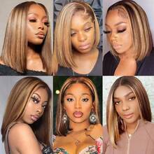 HJ WEAVE BEAUTY Perruque Lace Front 4-27 Highlights 13x4 Bob raide en cheveux humains, densité 180%, courte, brésilienne, pour femmes, raie libre, dentelle transparente, 8-14 pouces, raide comme une os, pré-épilée avec baby hairs - S4/27 - Voir 10