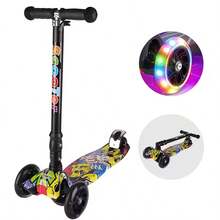 Scooter de tres ruedas plegable para niños, con ruedas luminosas y frenos traseros para pies, universal para hombres y mujeres, patineta pintada, juguetes de regalo para el día del Niño / año nuevo - Multicolor - Ver 3