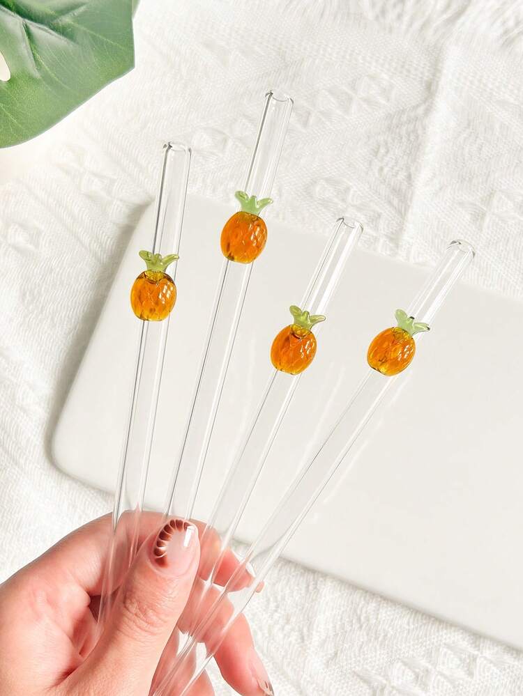 1/2/4支装可重复使用玻璃吸管，带菠萝装饰，防碎弯曲透明玻璃吸管套装，适用于厨房配件、水杯、吸管装饰、冷饮、奶茶、咖啡、果汁、冰沙，居家、餐厅、鸡尾酒会、返校季、送给男女朋友、父母、朋友的趣味礼物、节日用品、新年、情人节。 - 彩色 - 查看 3