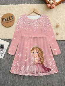 3D Unicorn Print Long Sleeve Casual Dress, Comfortable Sports Gift For Girls, Spring/Autumn - Pink - View 3