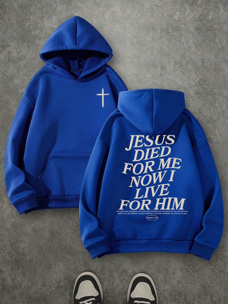 'JESUS DIED FOR ME NOW I LIVE FOR HIM' Unisex Christian Hoodie, Christian Scripture Hoodie, Double Sided Printed (250g Polyester Fiber) Long Sleeve Fleece Hoodie, Christian Gifts, Casual Athletic Fall Hoodie, Men And Women's Long Sleeve Fleece Hoodie For Autumn And Winter, An Ultra-Soft And Comfortable Gift - 寶藍色 - 查看 1
