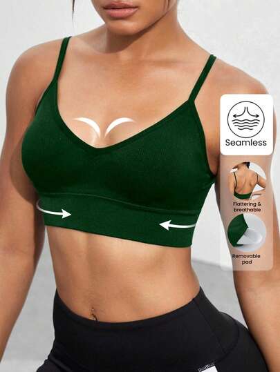 1 件女士无缝纯色可调节肩带 V 领支撑运动文胸，舒适休闲可拆卸加垫瑜伽文胸，适合日常穿着、瑜伽和锻炼