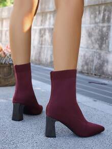 Elastic Knit Pointed Toe Mid-Calf Boots For Women, High Heel, Slim Fit, Wine Red, Fashion Footwear, Autumn/Winter, European And American Style - Burgundy Chunky Heels - View 6