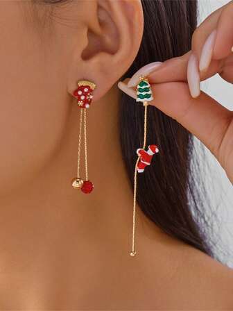 Christmas Earrings With Feminine Charm, Asymmetrical Tassel Ear Threads, And Santa Claus Ear Studs That Can Crawl