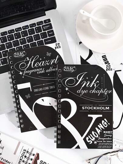 20 hojas/libro Cuaderno creativo de elementos en blanco y negro, una variedad de diseños de páginas interiores exquisitas, cuaderno de espiral portátil para registrar la vida y tarjetas postales fotográficas y otros portadores de collage decorativos