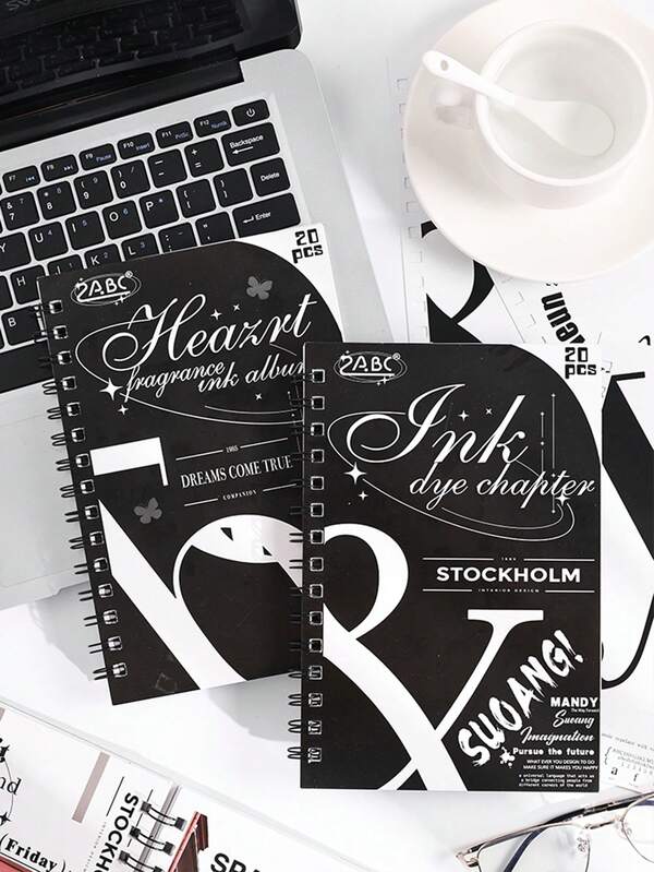 20 hojas/libro Cuaderno creativo de elementos en blanco y negro, una variedad de diseños de páginas interiores exquisitas, cuaderno de espiral portátil para registrar la vida y tarjetas postales fotográficas y otros portadores de collage decorativos